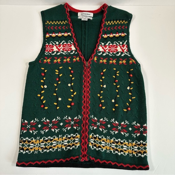 croft & barrow Sweaters - Vintage Croft &‎ Barrow Embroidered Holiday Sweater Vest M Pine Green Zip Front